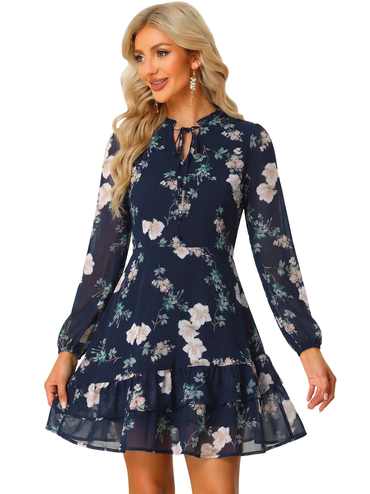DARING DIVA Women's Layered Tiered Semi Sheer Chiffon Mini Dress M Navy Blue