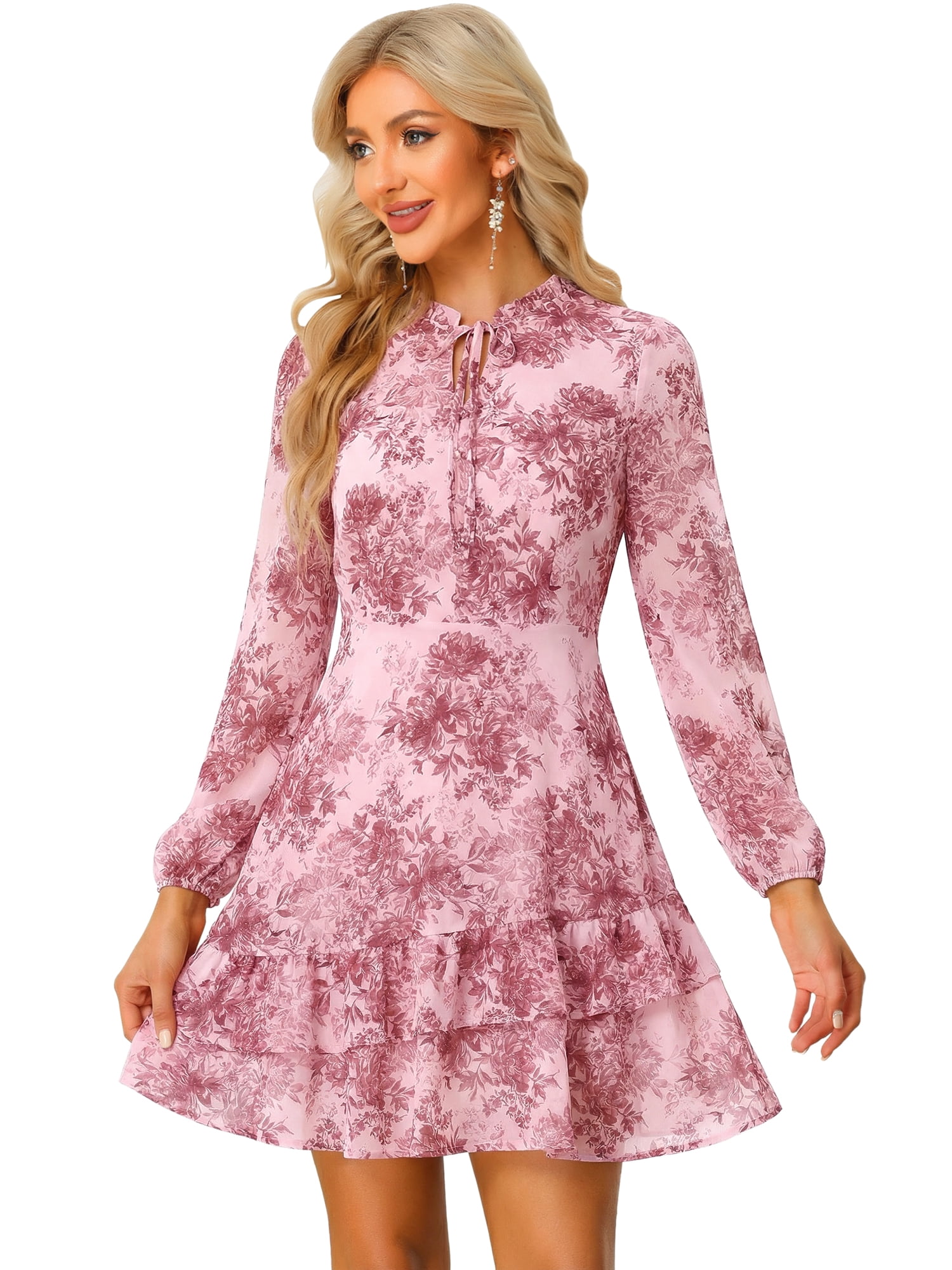 DARING DIVA Women's Layered Tiered Semi Sheer Chiffon Mini Dress M Pink Floral