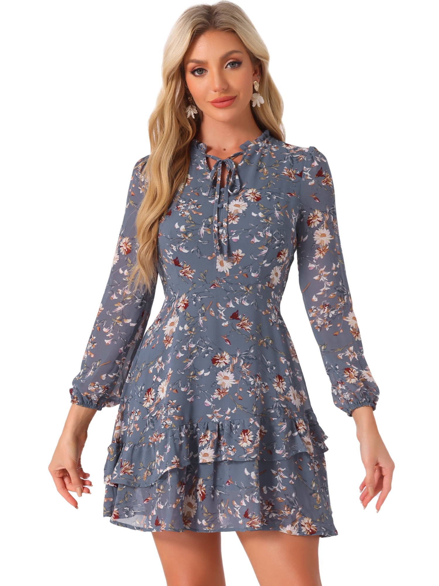 DARING DIVA Women's Layered Tiered Semi Sheer Chiffon Mini Dress S Blue Grey