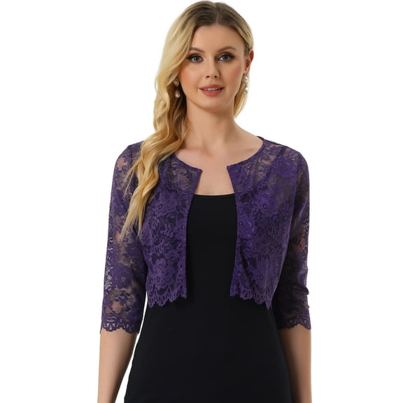 DARING DIVA Leisure Allover Floral Lace Crop Shrug Cardigan L Dark Purple