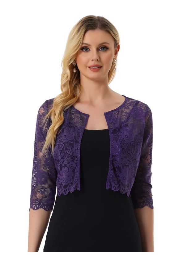 Leisure Allover Floral Lace Crop Shrug Cardigan L Dark Purple