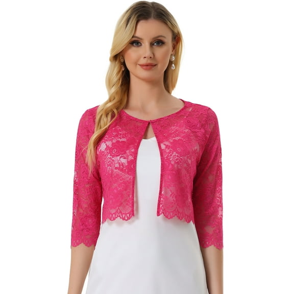 DARING DIVA Leisure Allover Floral Lace Crop Shrug Cardigan L Hot Pink