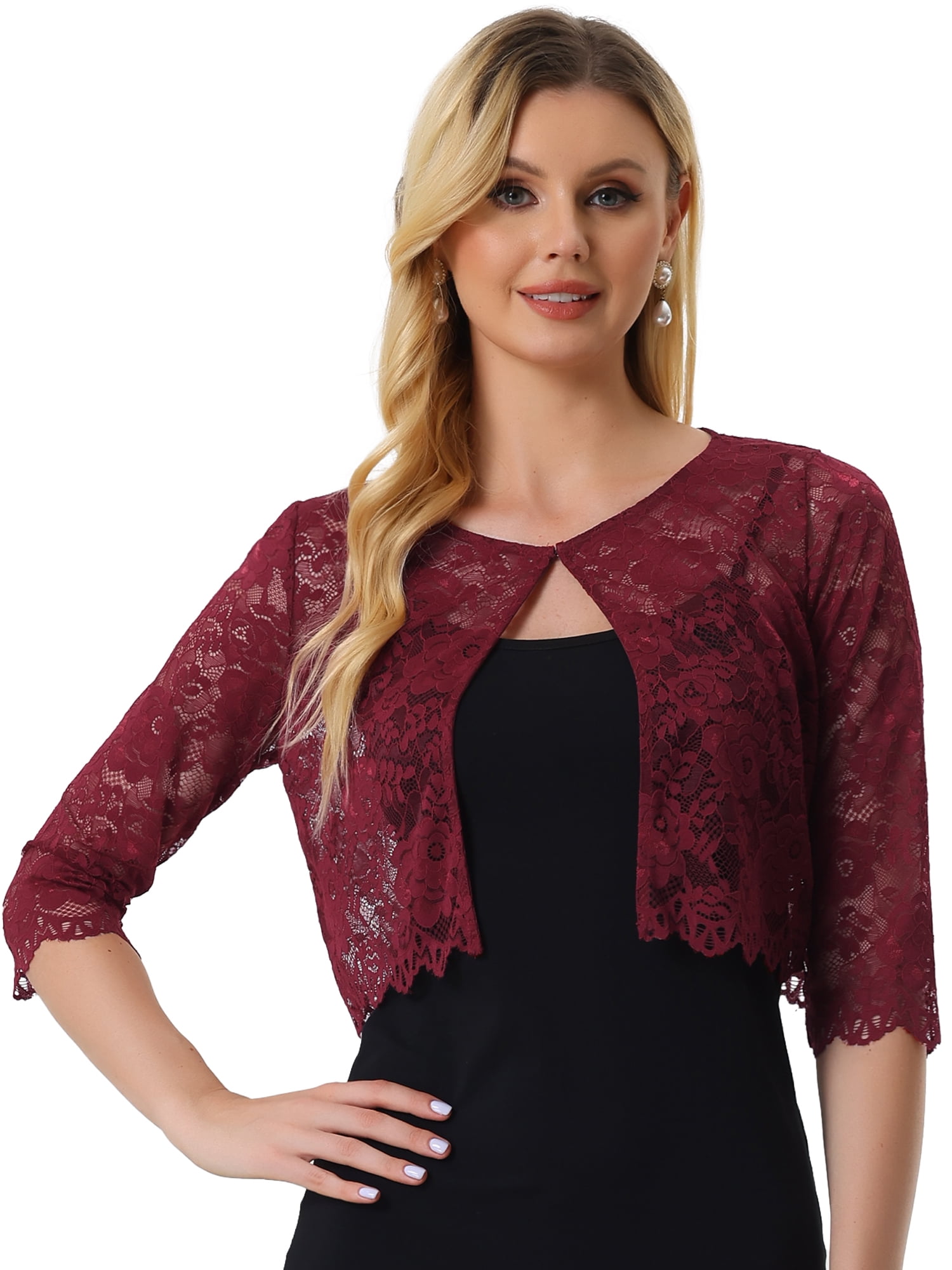 DARING DIVA Leisure Allover Floral Lace Crop Shrug Cardigan S Claret Red