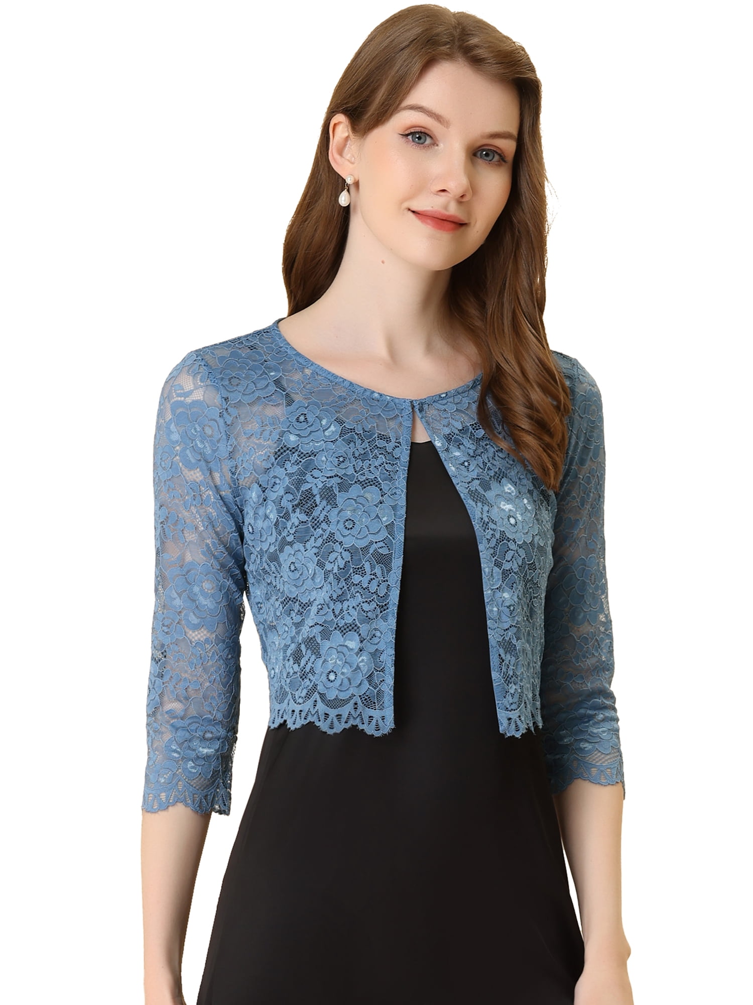 DARING DIVA Leisure Allover Floral Lace Crop Shrug Cardigan S Grey Blue