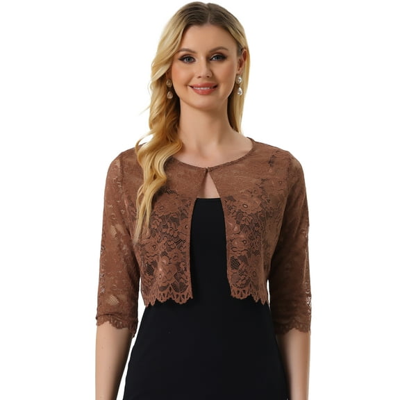 DARING DIVA Leisure Allover Floral Lace Crop Shrug Cardigan XS Brown