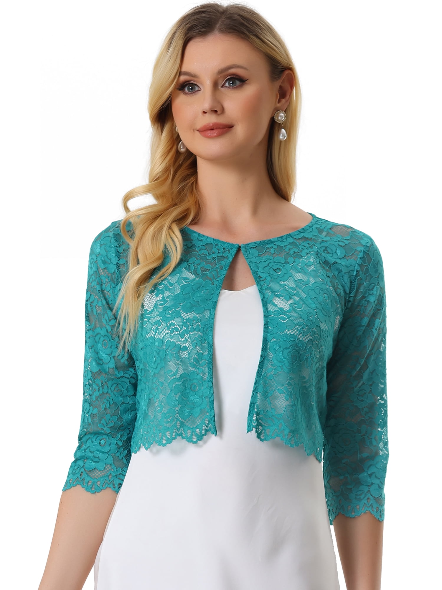DARING DIVA Leisure Allover Floral Lace Crop Shrug Cardigan XS Malachite Green