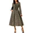 thumbnail image 1 of DARING DIVA Leopard Print Long Sleeve Ruffle Tie V Neck Midi Dress M Brown, 1 of 7