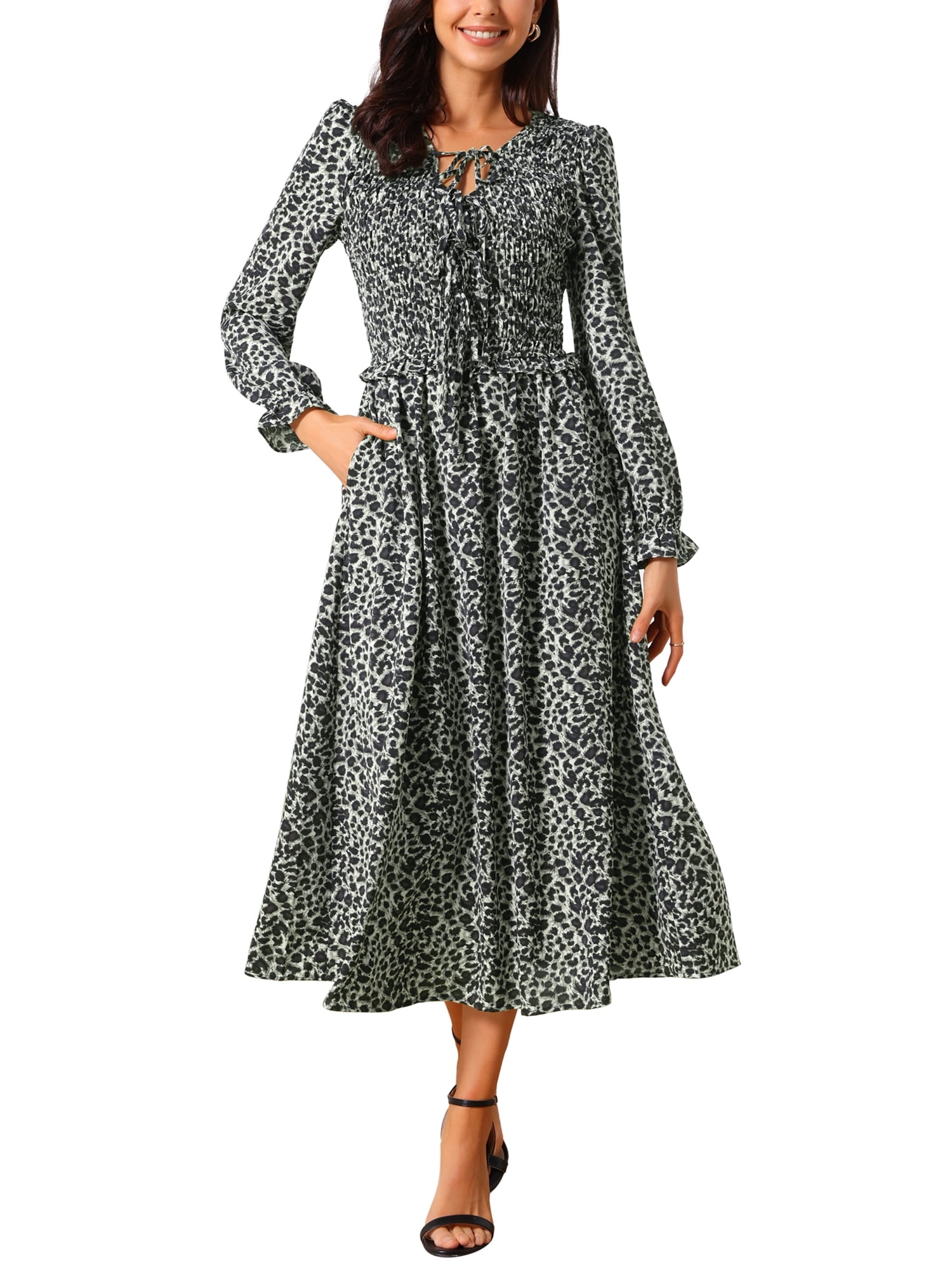 DARING DIVA Women's Leopard Print Long Sleeve Ruffle Tie Dress S Black
