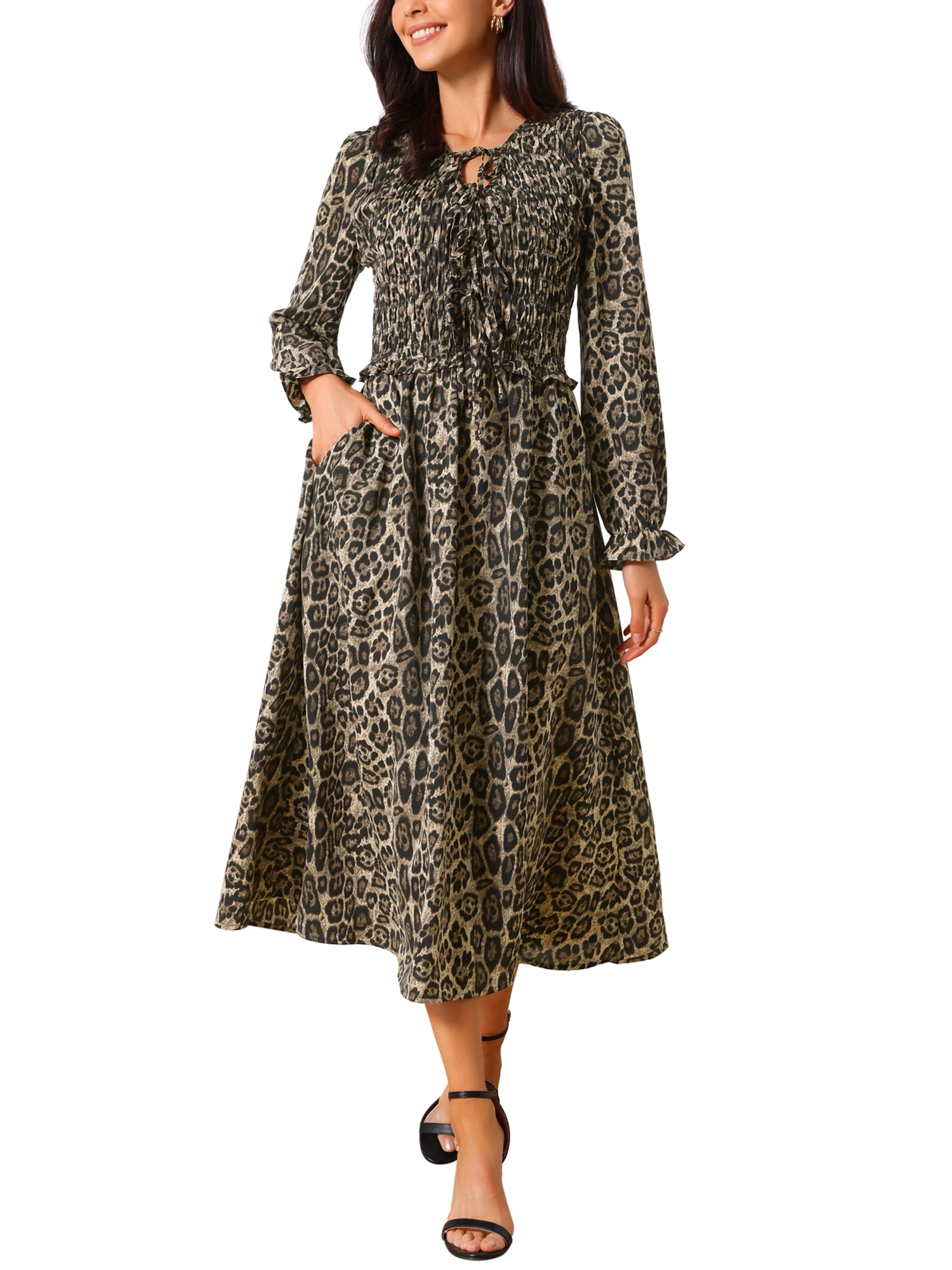 DARING DIVA Women's Leopard Print Long Sleeve Ruffle Tie Dress XL Brown