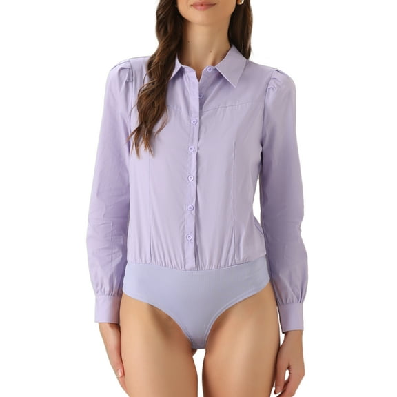 DARING DIVA Leotard Shirt Collared Button Down Long Sleeves Bodysuit L Purple