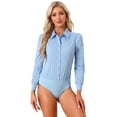 thumbnail image 1 of DARING DIVA Leotard Shirt Collared Button Down Long Sleeves Bodysuit M Light Blue, 1 of 6