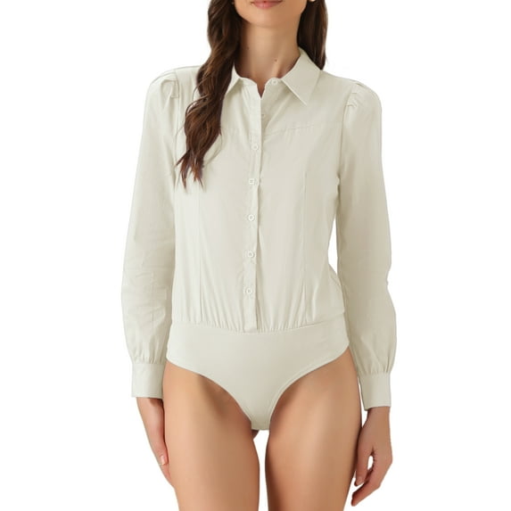 DARING DIVA Leotard Shirt Collared Button Down Long Sleeves Bodysuit S Beige