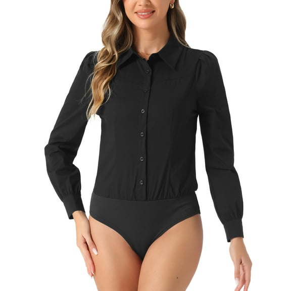 DARING DIVA Leotard Shirt Collared Button Down Long Sleeves Bodysuit S Black
