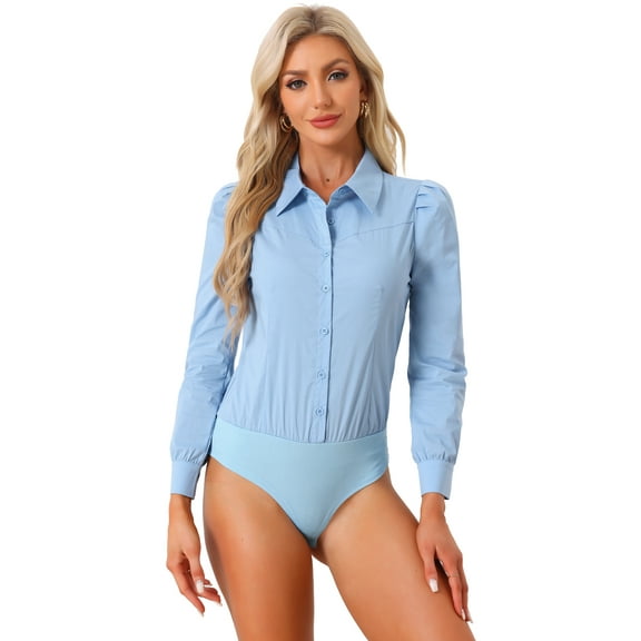 DARING DIVA Leotard Shirt Collared Button Down Long Sleeves Bodysuit S Light Blue