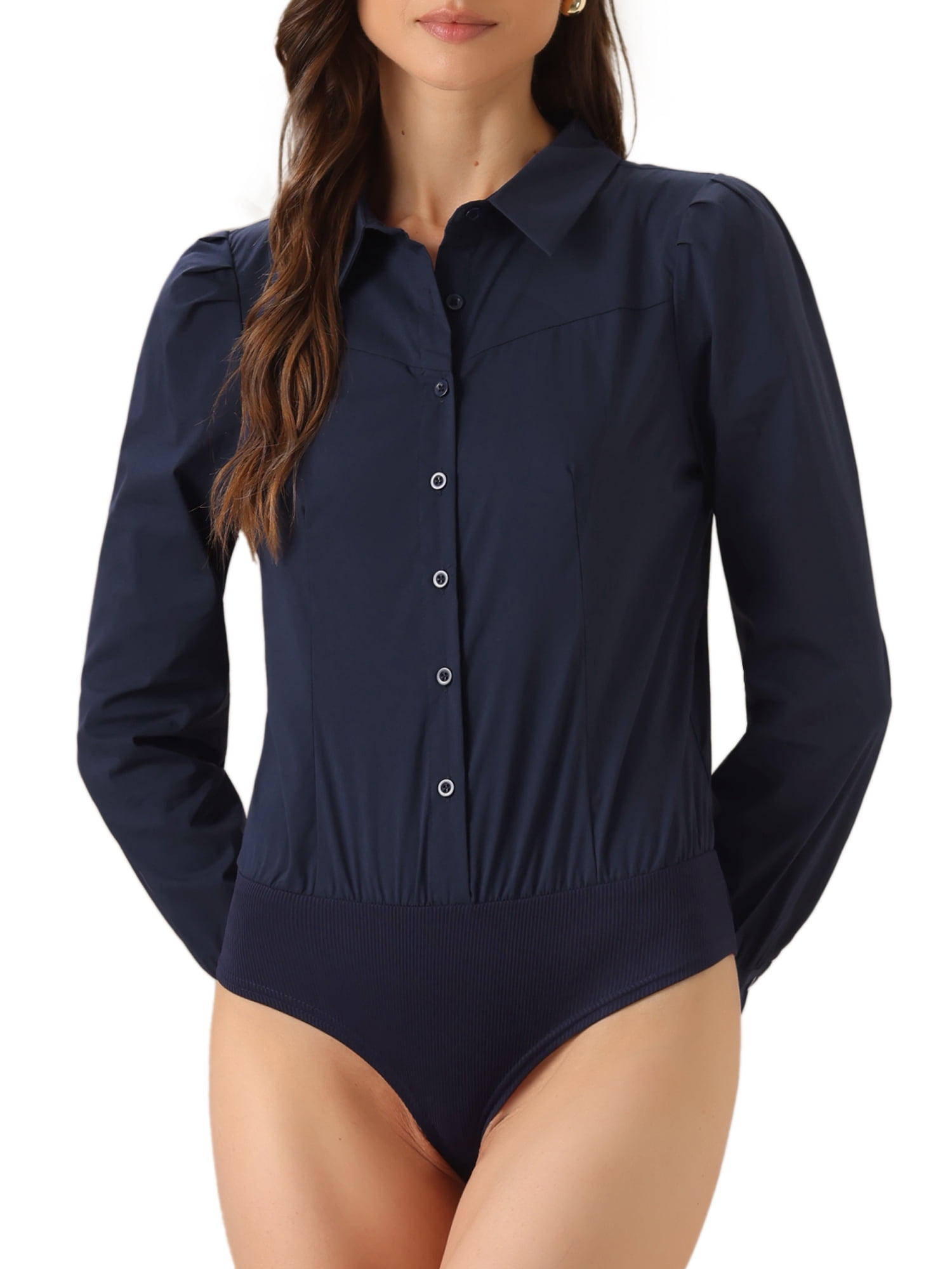 DARING DIVA Leotard Shirt Collared Button Down Long Sleeves Bodysuit XL Navy Blue