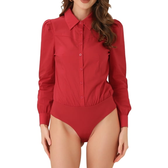 DARING DIVA Leotard Shirt Collared Button Down Long Sleeves Bodysuit XL Red