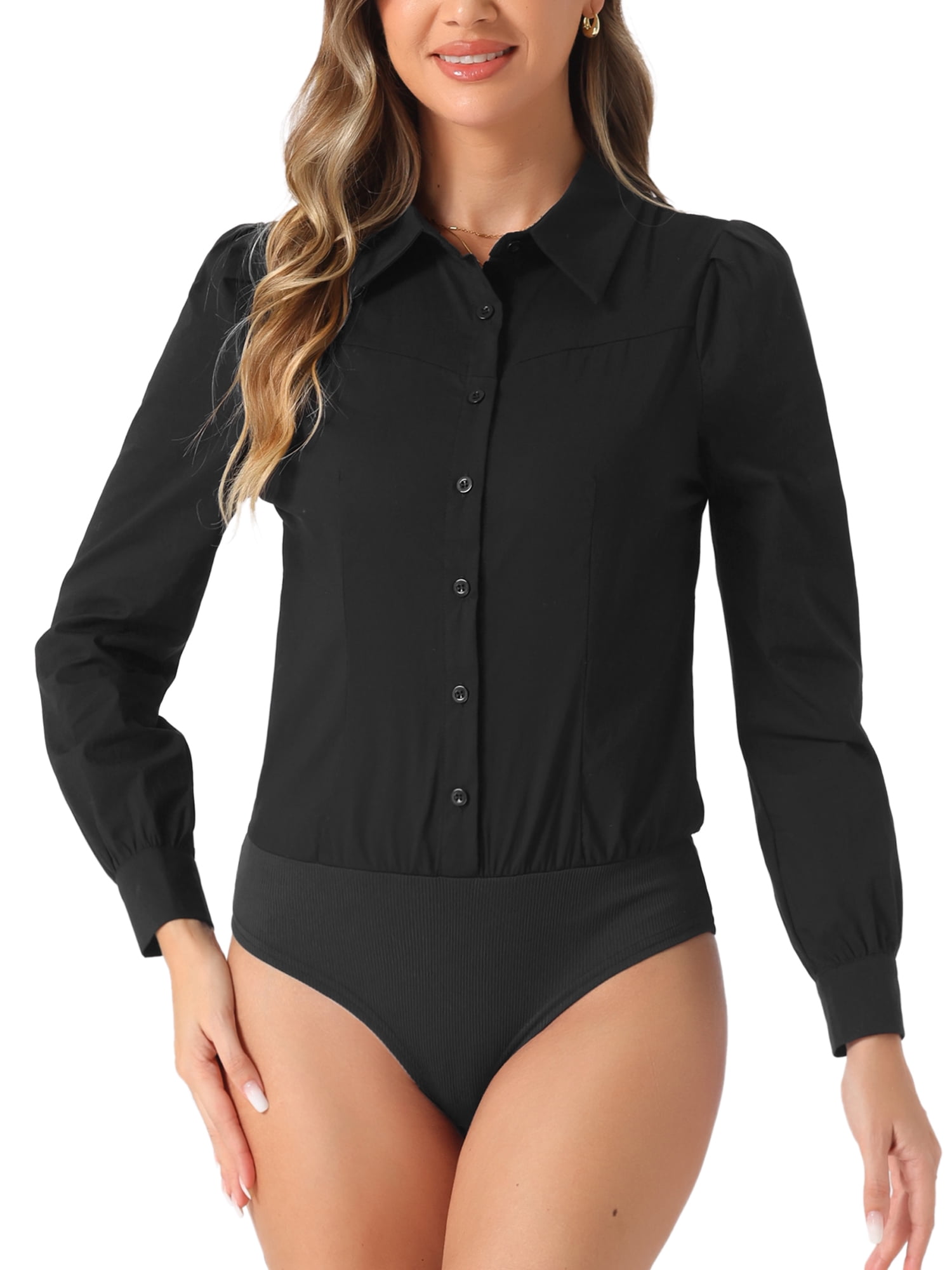 DARING DIVA Leotard Shirt Collared Button Down Long Sleeves Bodysuit XS Black