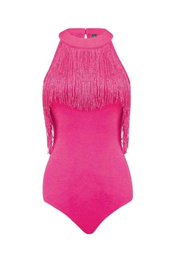 Leotard Sleeveless Concert Fringe Bodysuit S Hot Pink