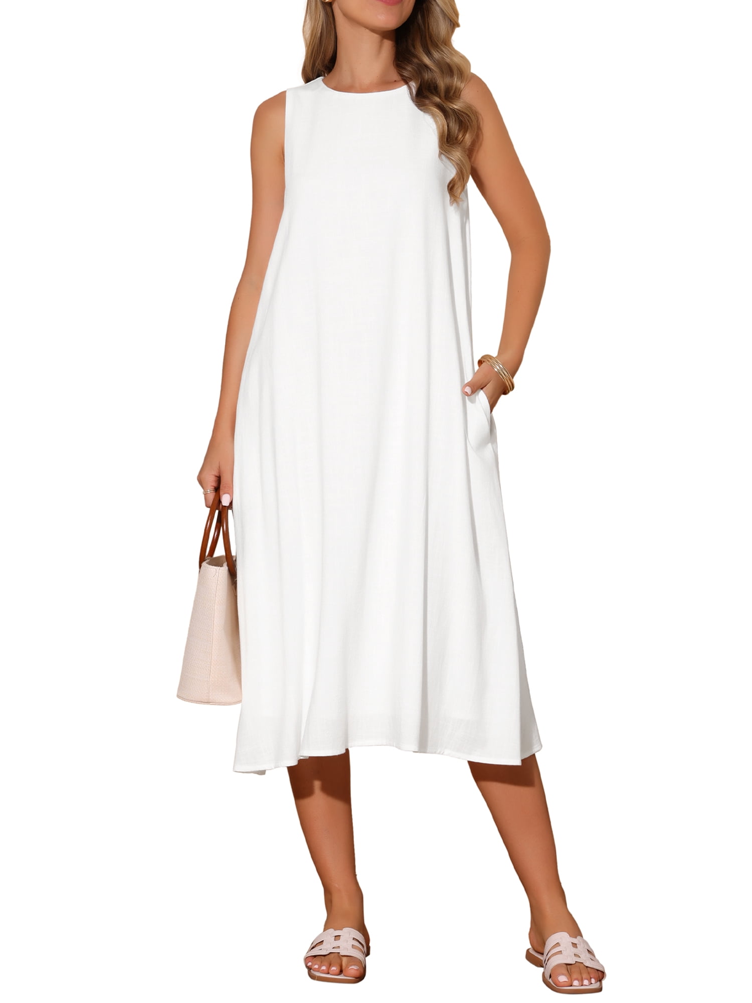 DARING DIVA Linen Sleeveless Dress L White