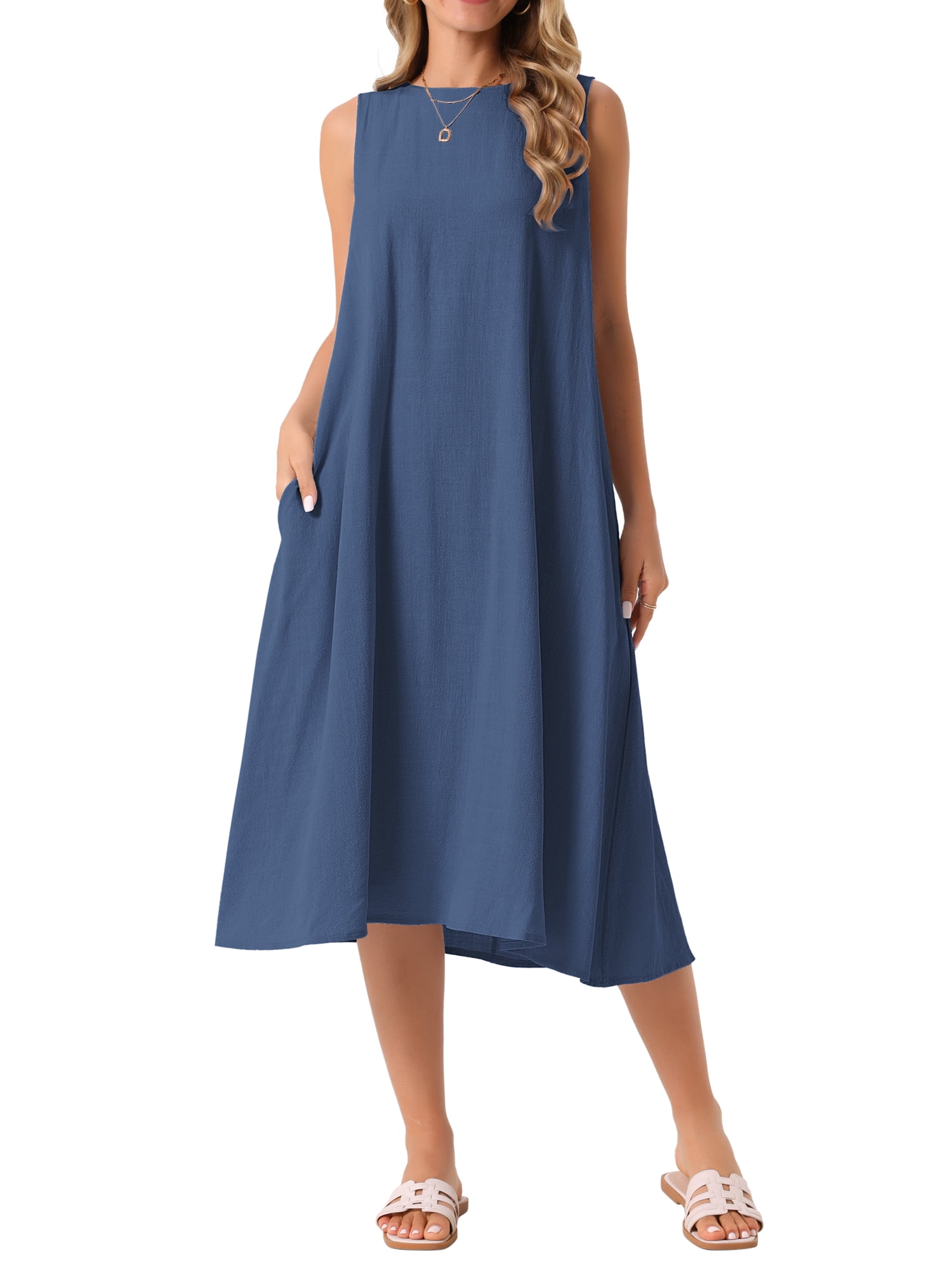 DARING DIVA Linen Sleeveless Dress Large Navy