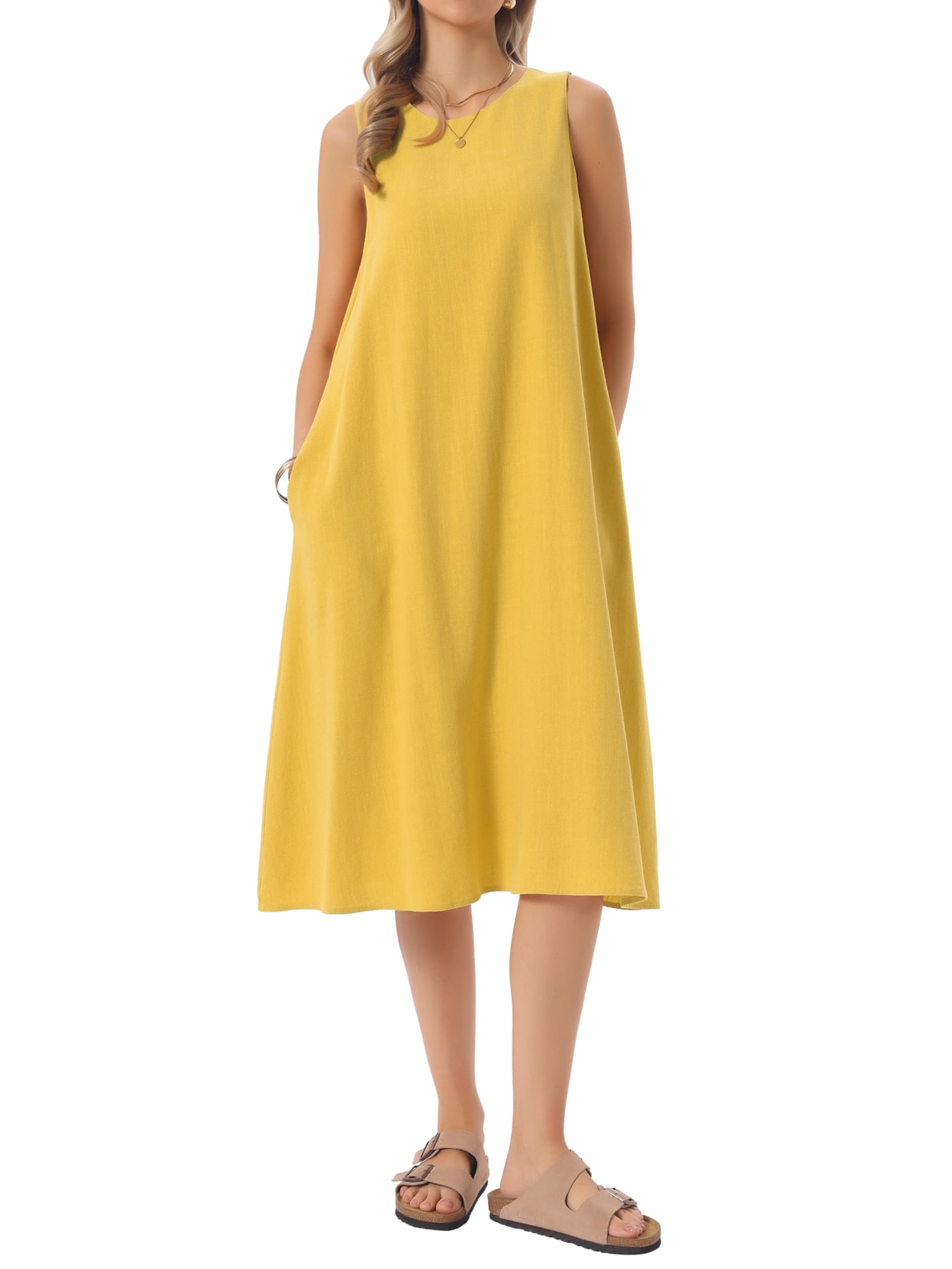 DARING DIVA Linen Sleeveless Dress Large Yellow