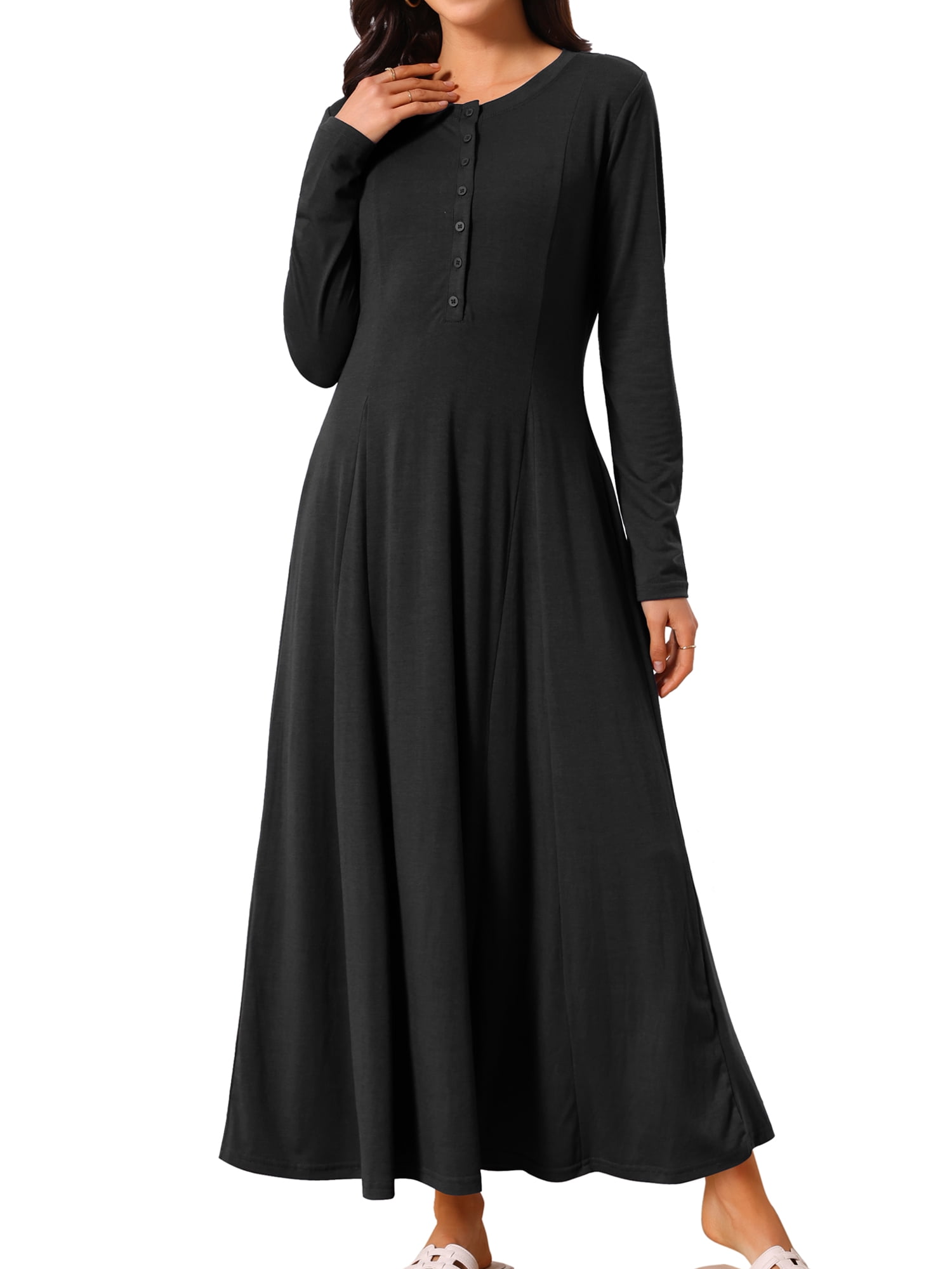 DARING DIVA Long Button Fit Long Sleeve Flowy A-Line Maxi Dress L Black