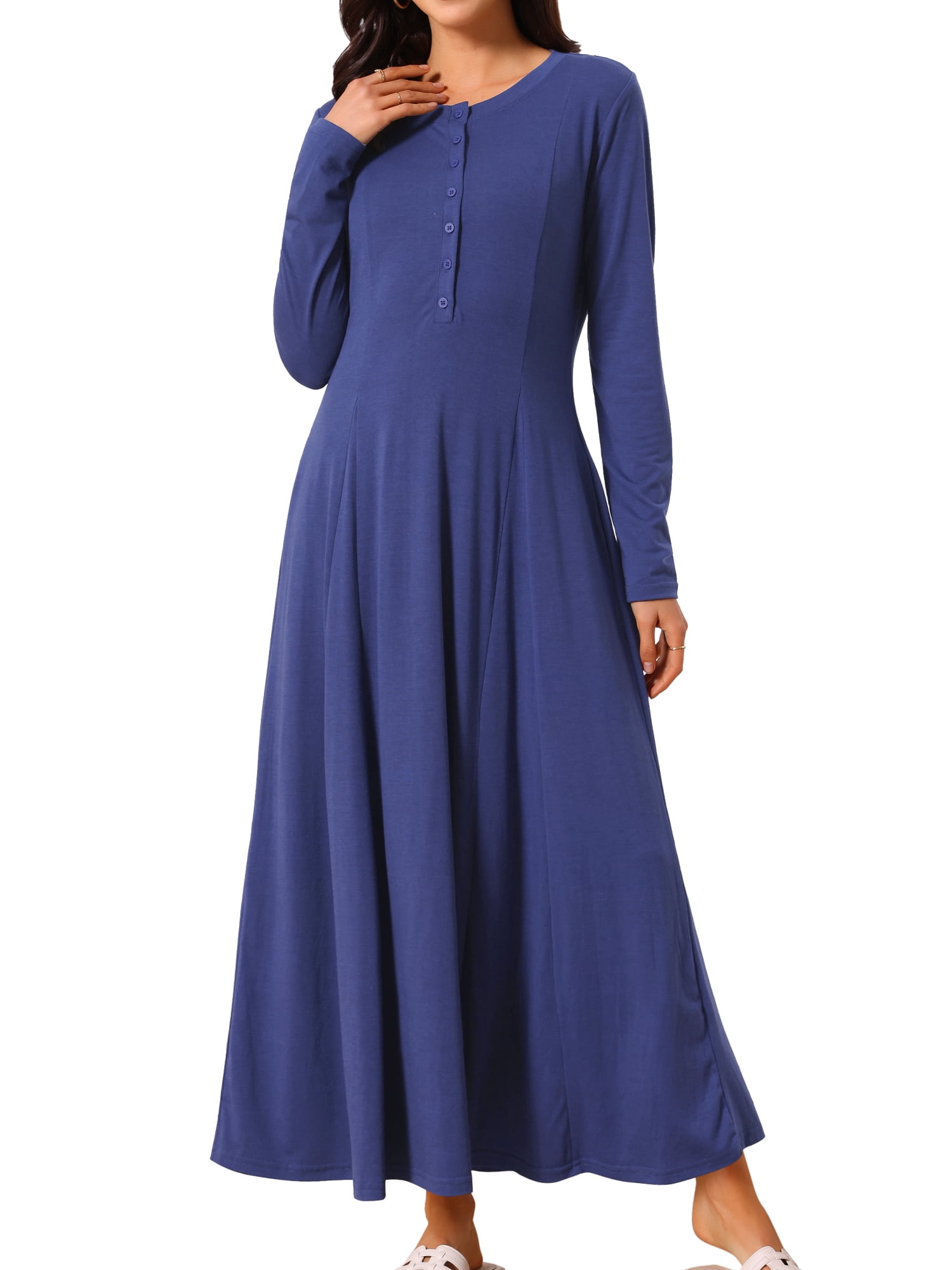DARING DIVA Long Button Fit Long Sleeve Flowy A-Line Maxi Dress S Deep Blue