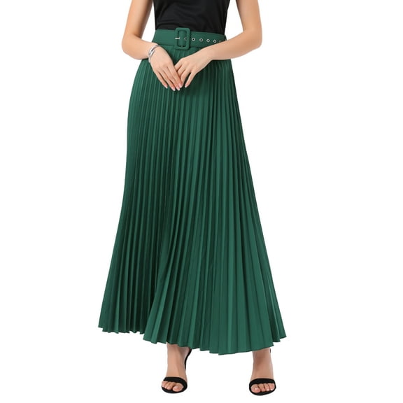 DARING DIVA Long Pleated Skirt for Women's Elastic High Waist A-line Maxi M Dark Green