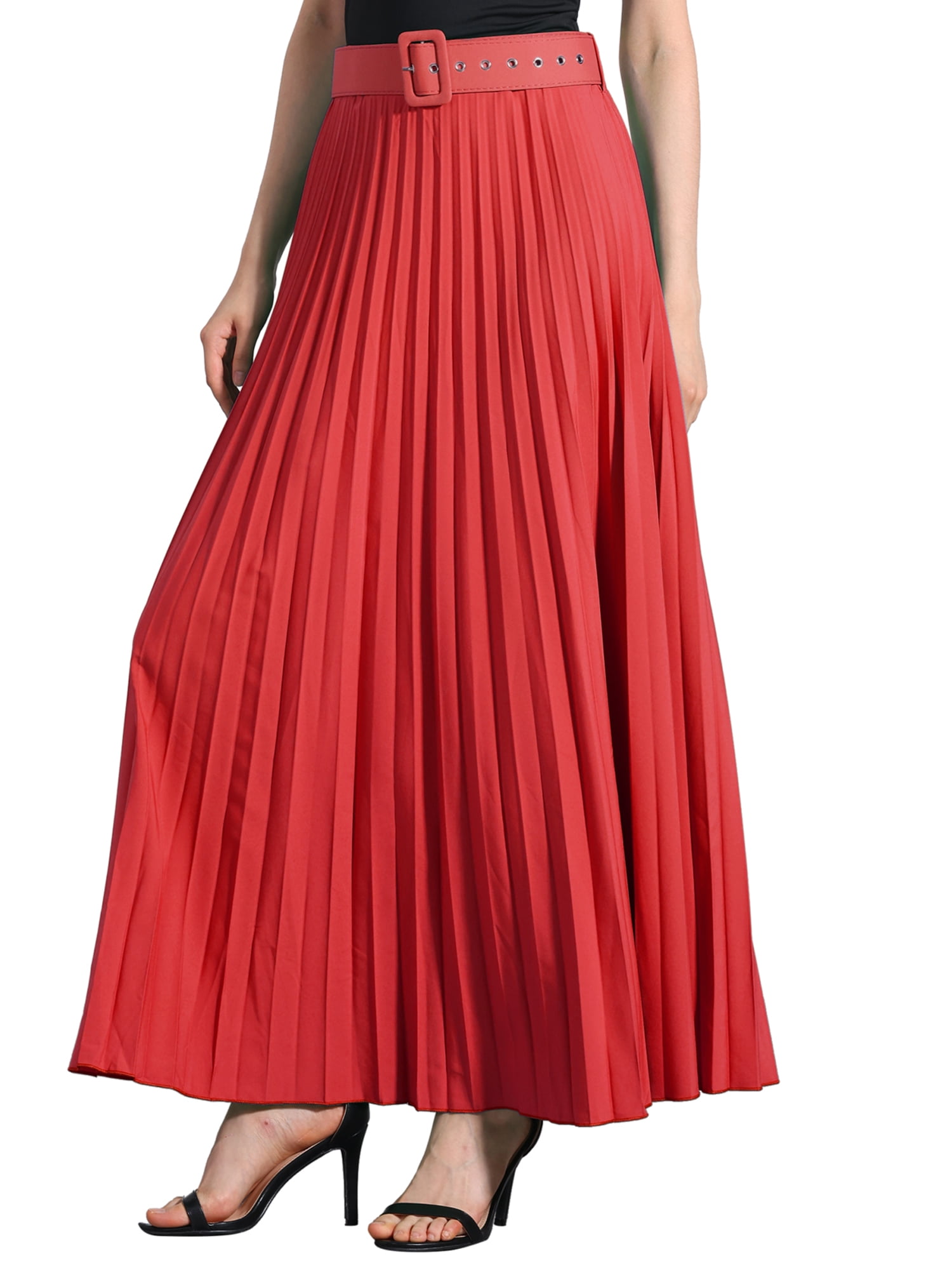 DARING DIVA Women's Elegnat Elastic High Waist Flowy A-Line Maxi Skirt M Red