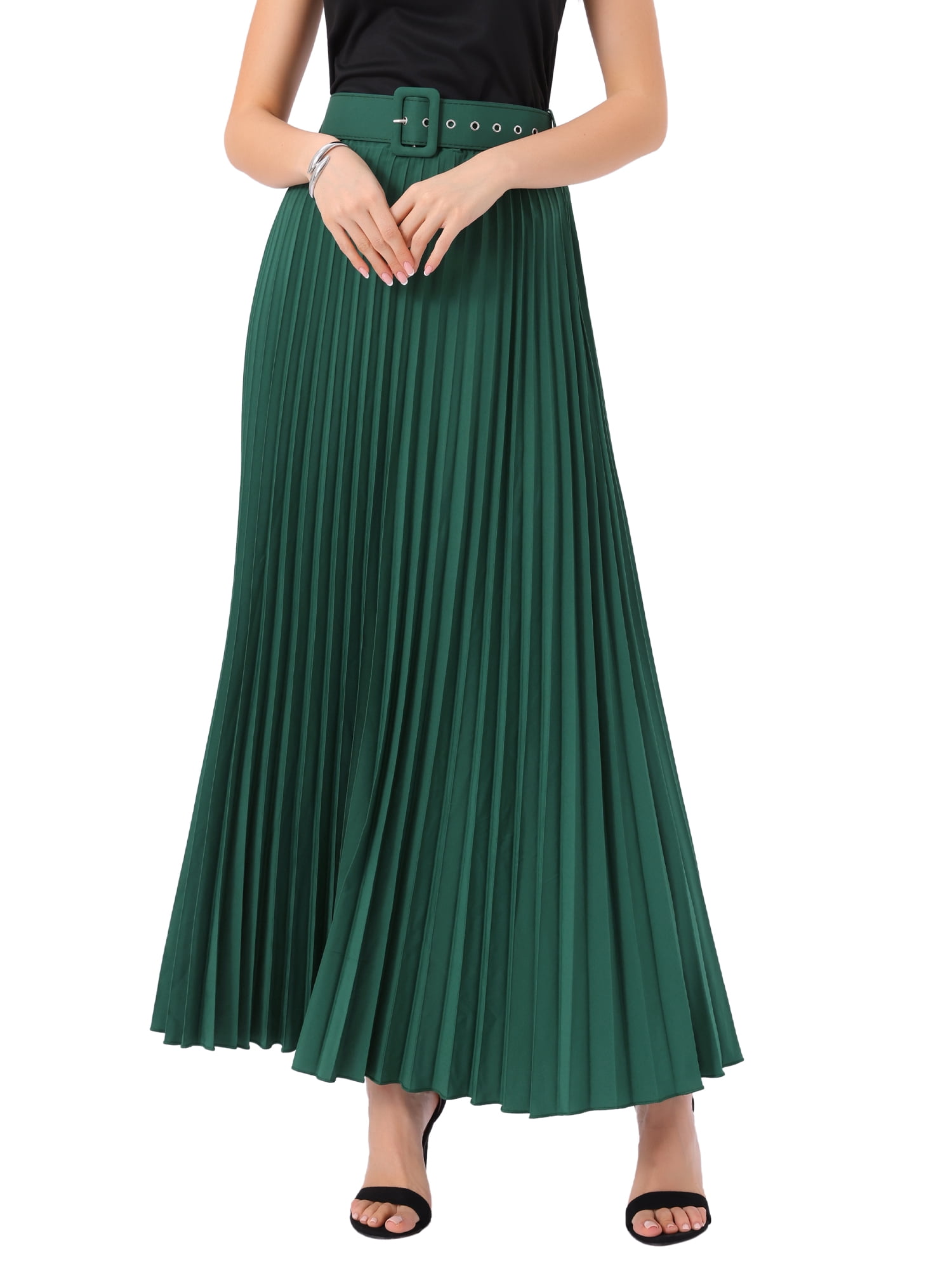 DARING DIVA Women's Elegnat Elastic High Waist Flowy A-Line Maxi Skirt S Dark Green