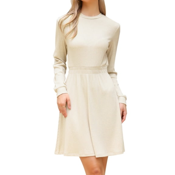 DARING DIVA Long Sleeve A-Line Ribbed Knit Crew Neck Midi Sweater Dress M Apricot