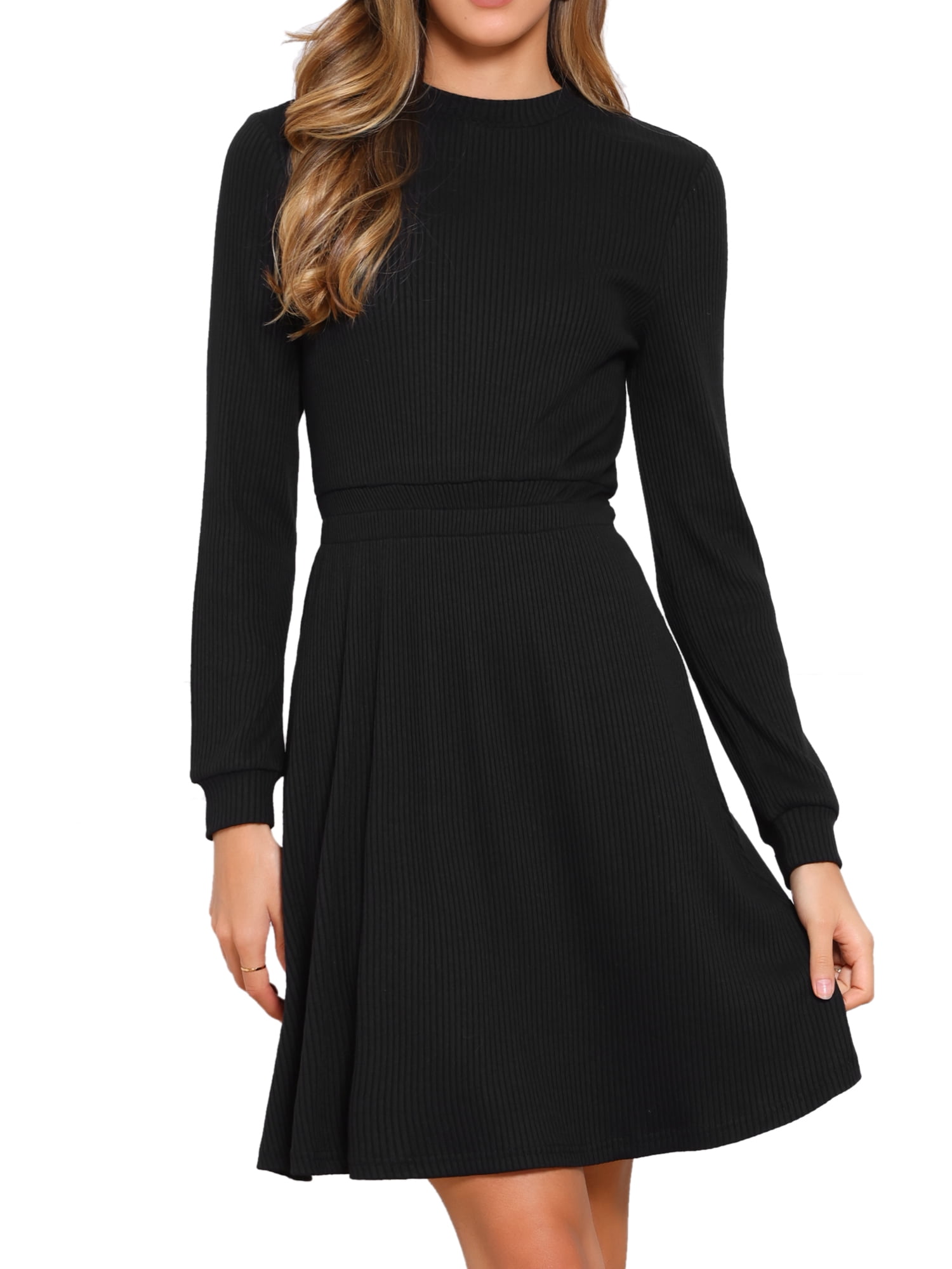 DARING DIVA Women's Long Sleeve Fall A-Line Ribbed Knit Crew Neck Dress M Black