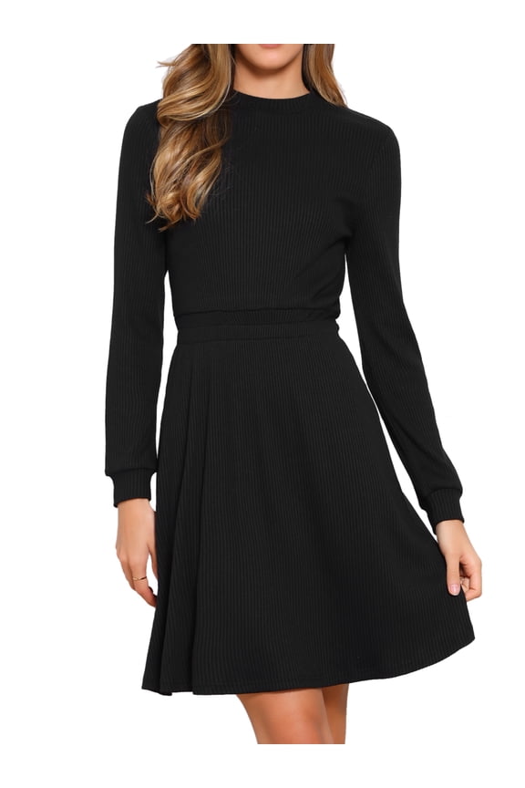 Women's Long Sleeve Fall A-Line Ribbed Knit Crew Neck Dress M Black