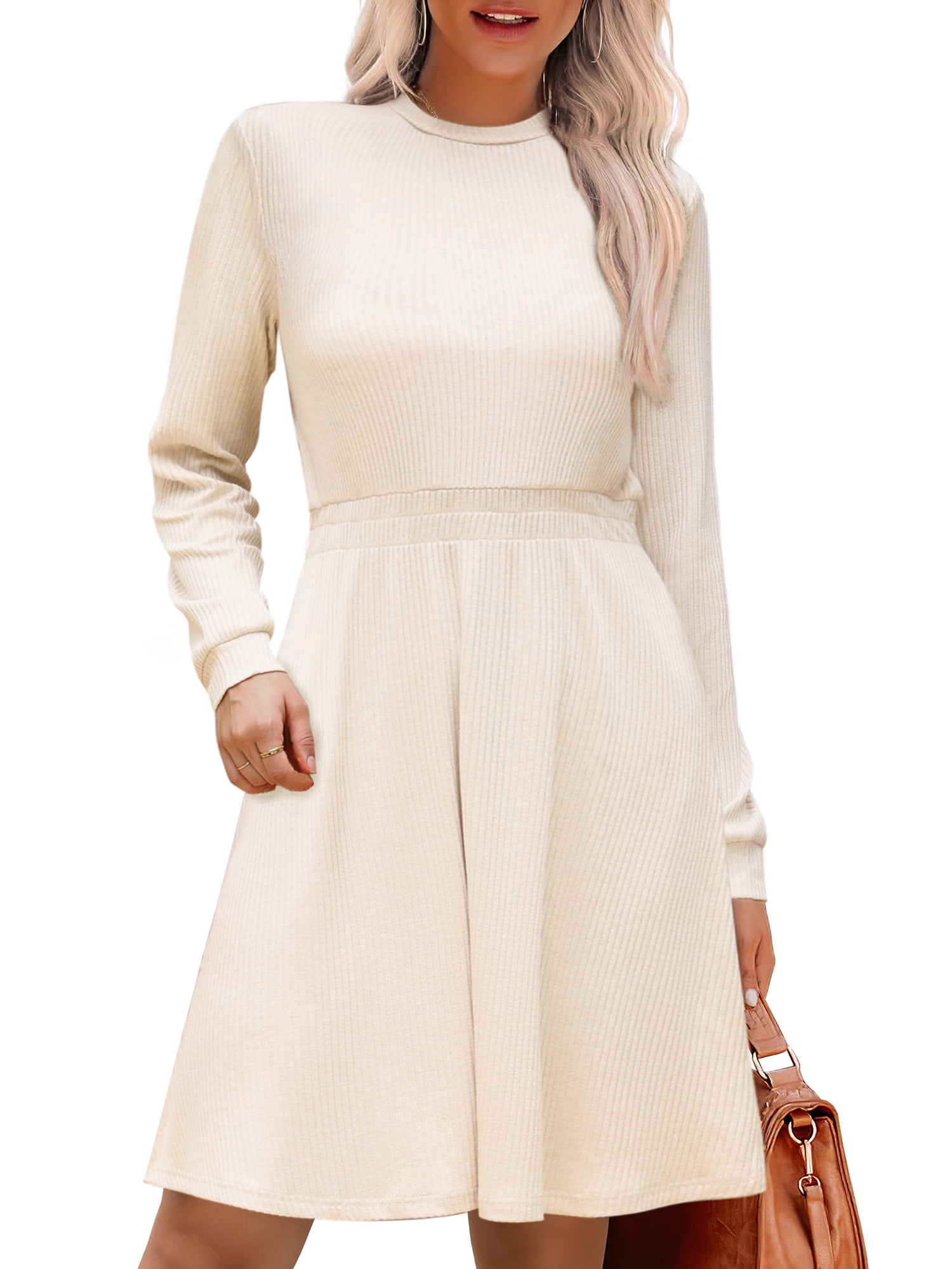 DARING DIVA Women's Long Sleeve Fall A-Line Ribbed Knit Crew Neck Dress XL Apricot