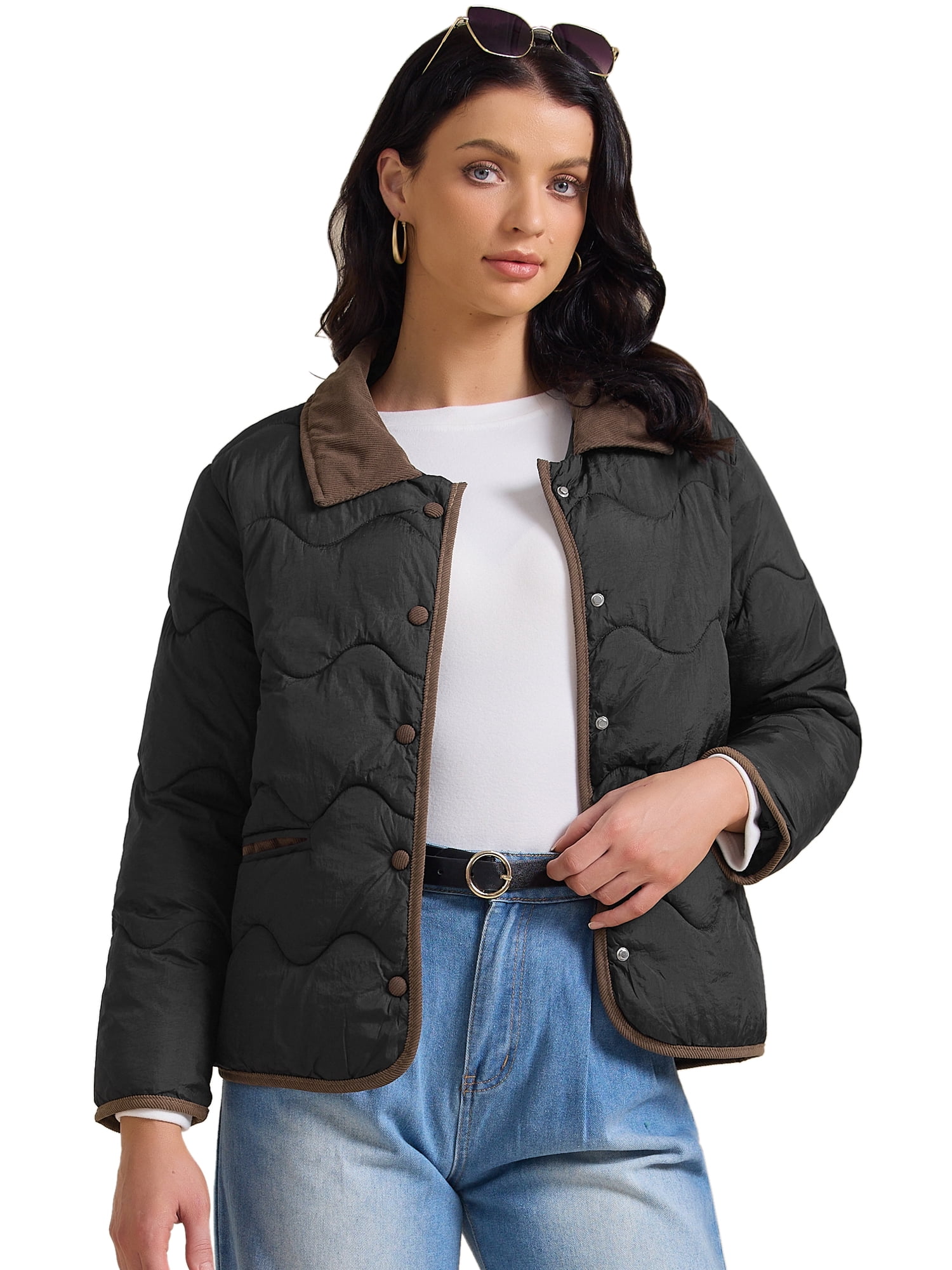 DARING DIVA Long Sleeve Button Down Puffer Padded  Coats S Black