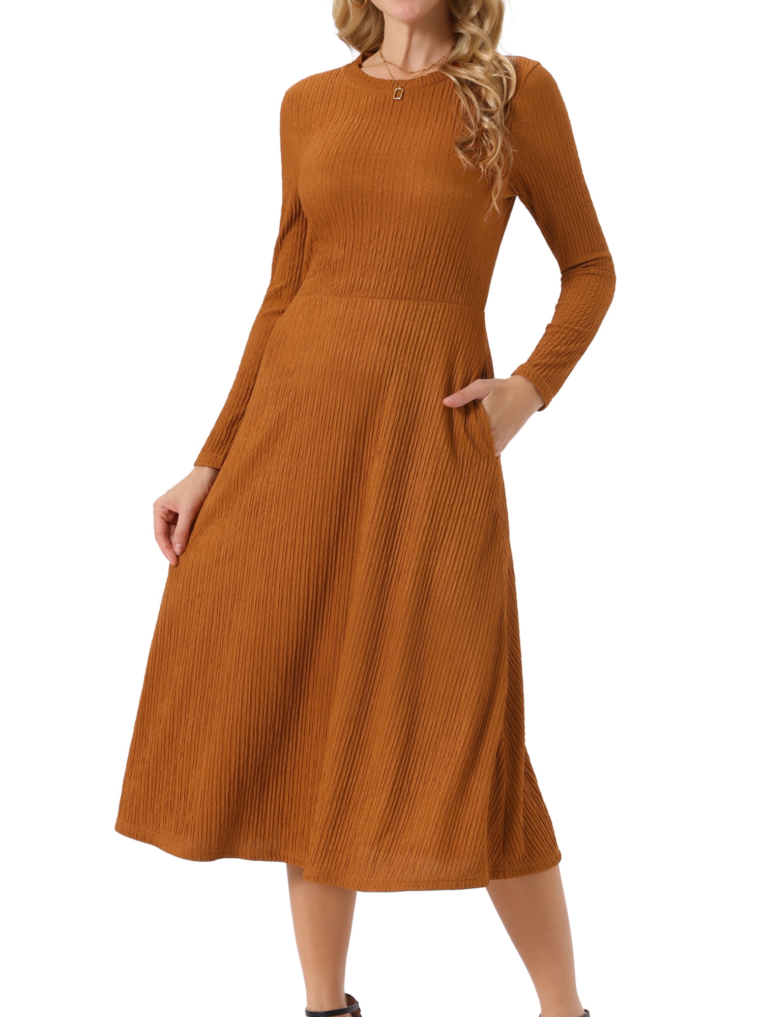 DARING DIVA Long Sleeve Crew Neck Knit A-Line Midi Dress S Caramel