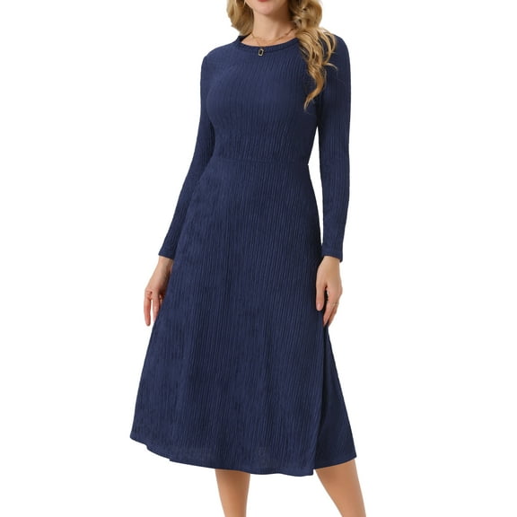 DARING DIVA Long Sleeve Crew Neck Knit A-Line Midi Dress S Dark Blue