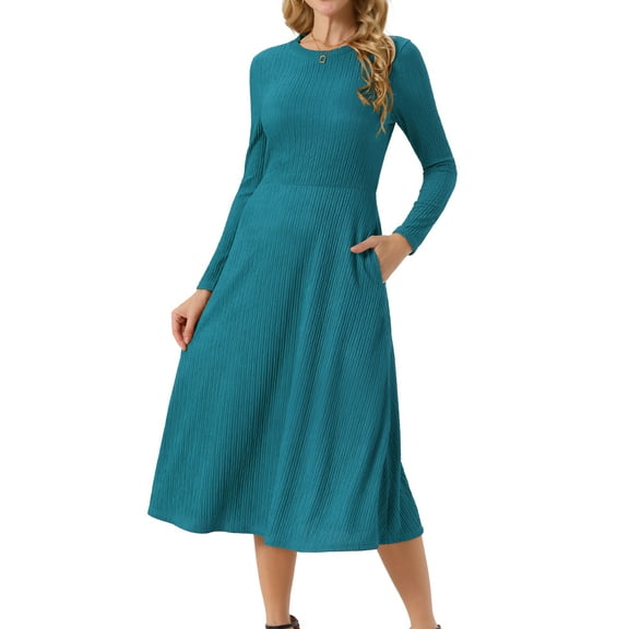 DARING DIVA Long Sleeve Crew Neck Knit A-Line Midi Dress S Lake Blue