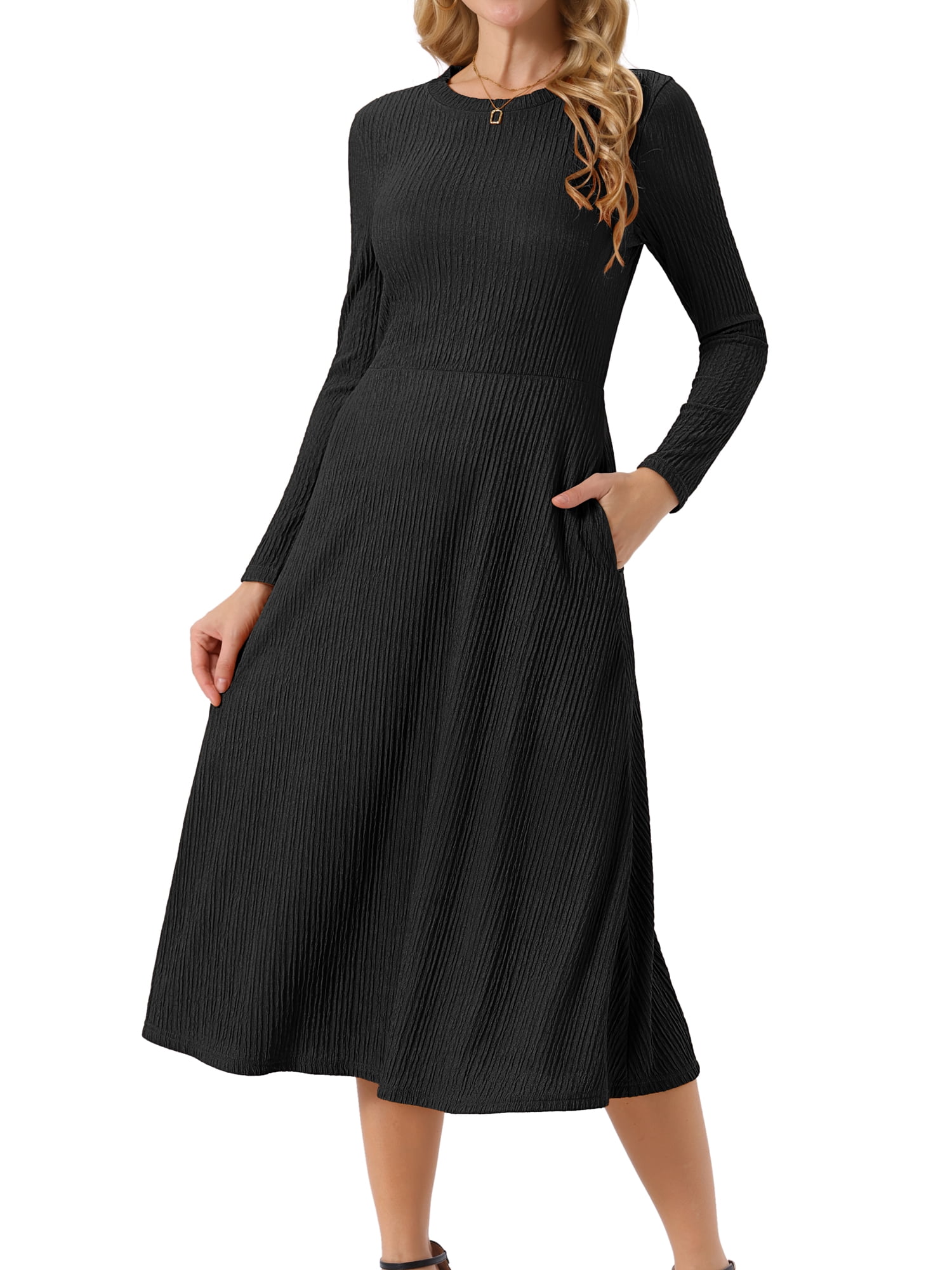 DARING DIVA Long Sleeve Crew Neck Knit A-Line Midi Dress XL Black