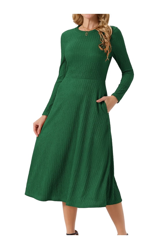 Long Sleeve Crew Neck Knit A-Line Midi Dress XL Dark Green