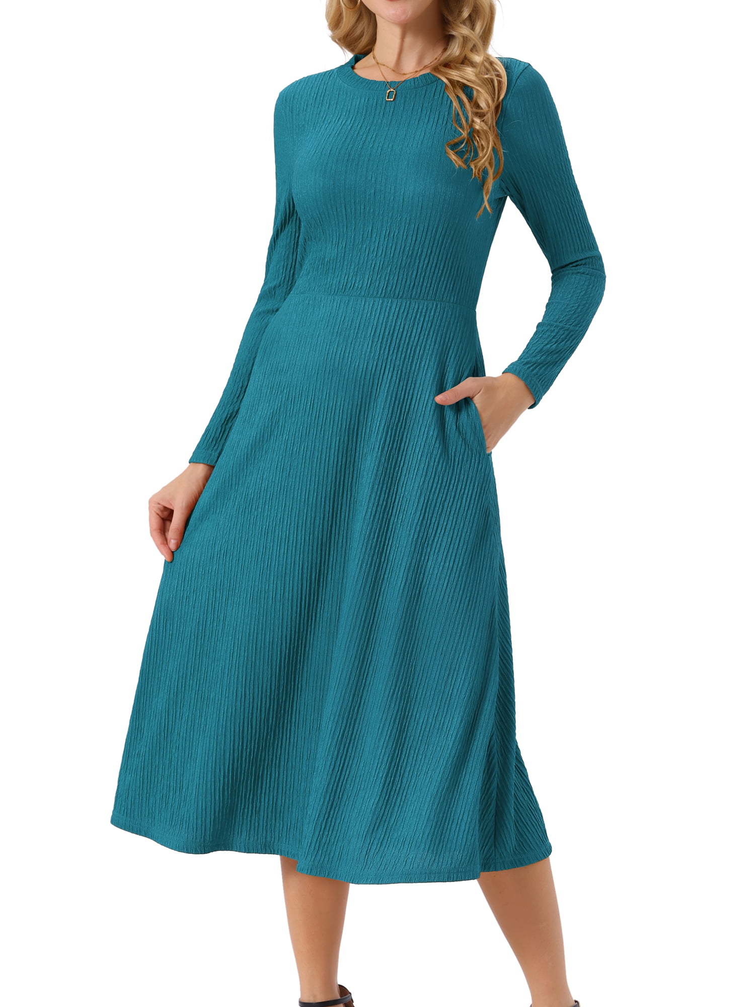 DARING DIVA Long Sleeve Crew Neck Knit A-Line Midi Dress XL Lake Blue
