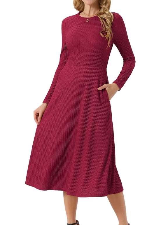Long Sleeve Crew Neck Knit A-Line Midi Dress XL Wine Red