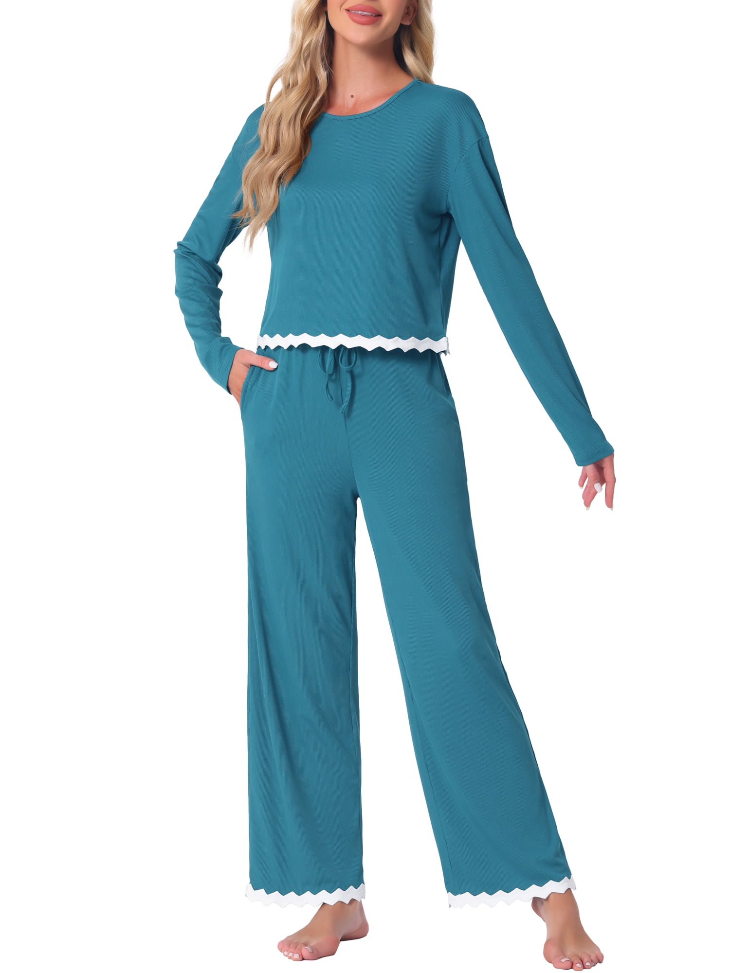 DARING DIVA Long Sleeve Crewneck Lounge Sets Contrast Color Trims L Blue