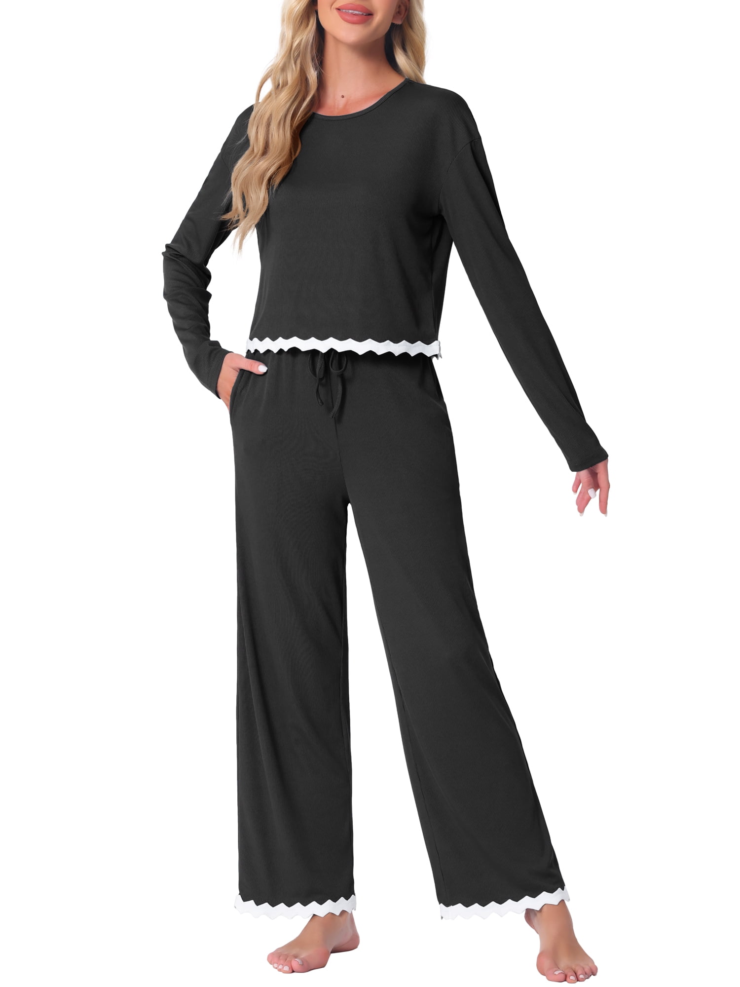 DARING DIVA Long Sleeve Crewneck Lounge Sets Contrast Color Trims M Black