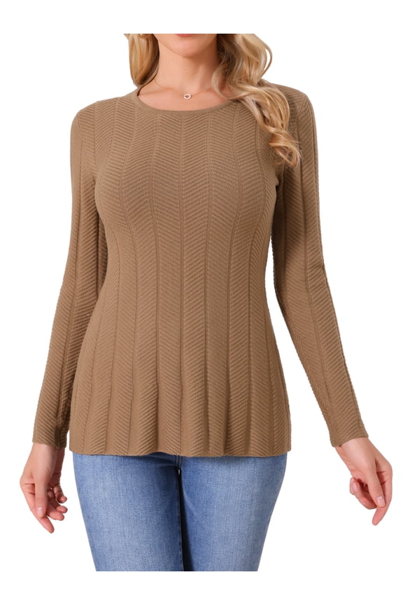 Long Sleeve Crewneck Pleated Peplum Pullover Sweater S Brown