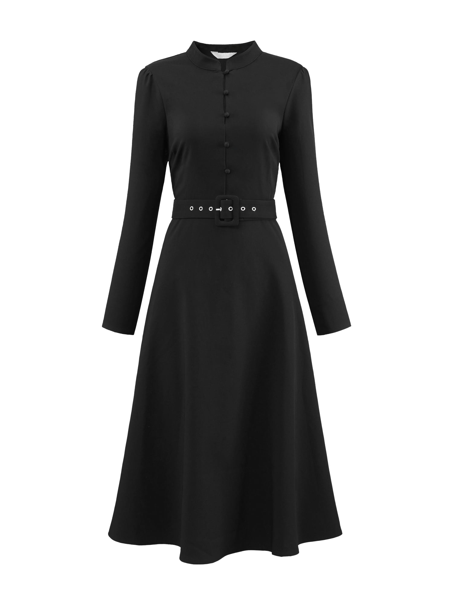 DARING DIVA Long Sleeve Flare Mock Neck Belted Church Dress S Black