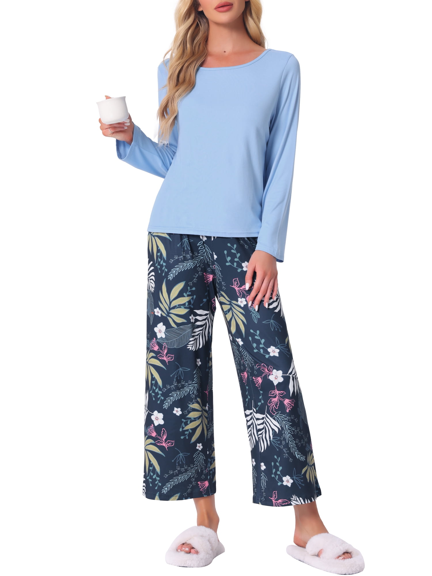 DARING DIVA Long Sleeve Floral Capri Soft Strechy Pajama Sets 2 Pieces M Deep Blue