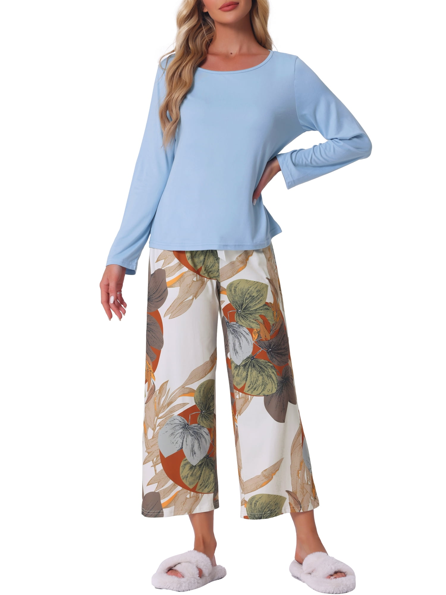 DARING DIVA Long Sleeve Floral Capri Soft Strechy Pajama Sets 2 Pieces S Blue