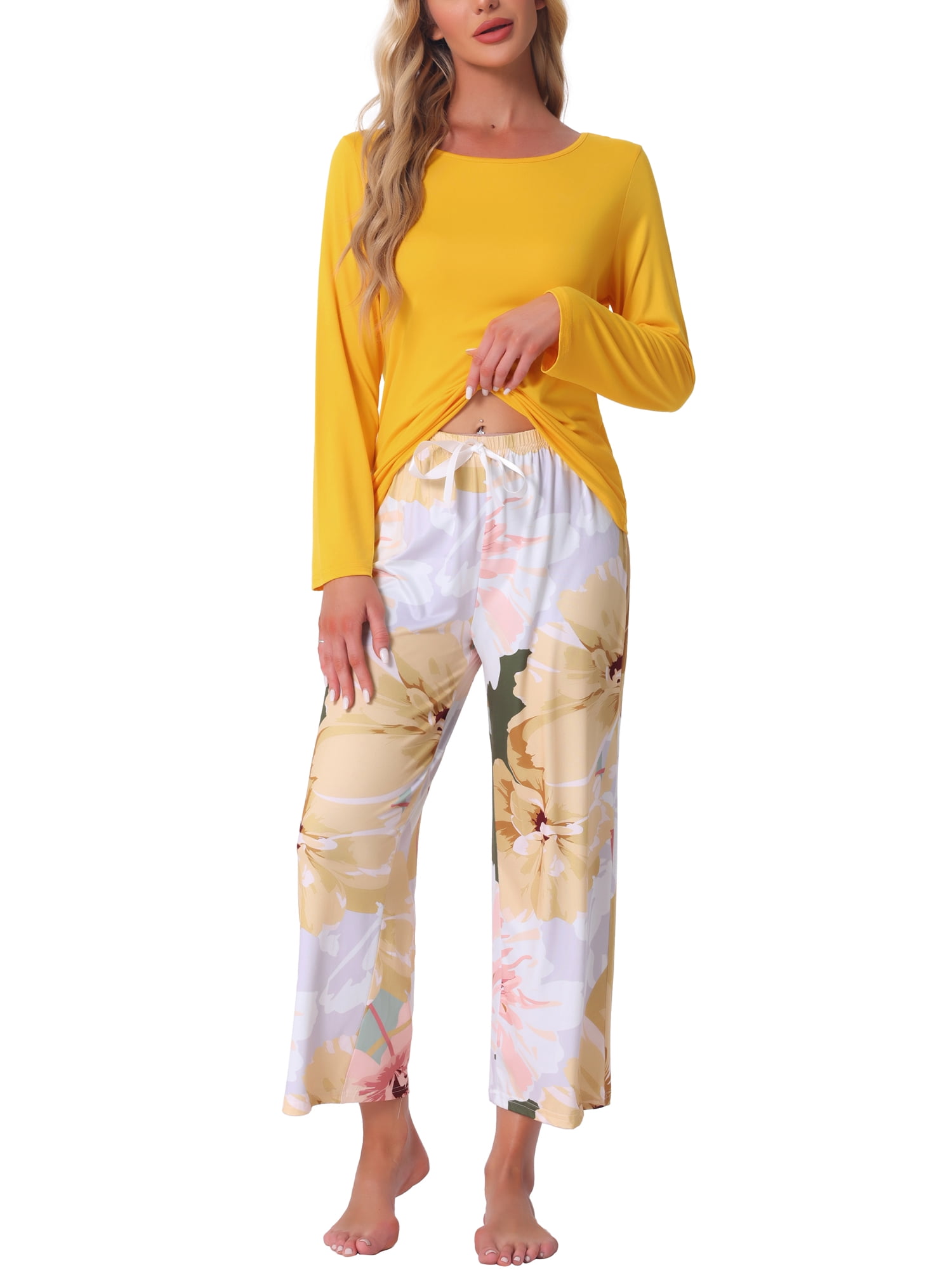 DARING DIVA Long Sleeve Floral Capri Soft Strechy Pajama Sets 2 Pieces S Yellow