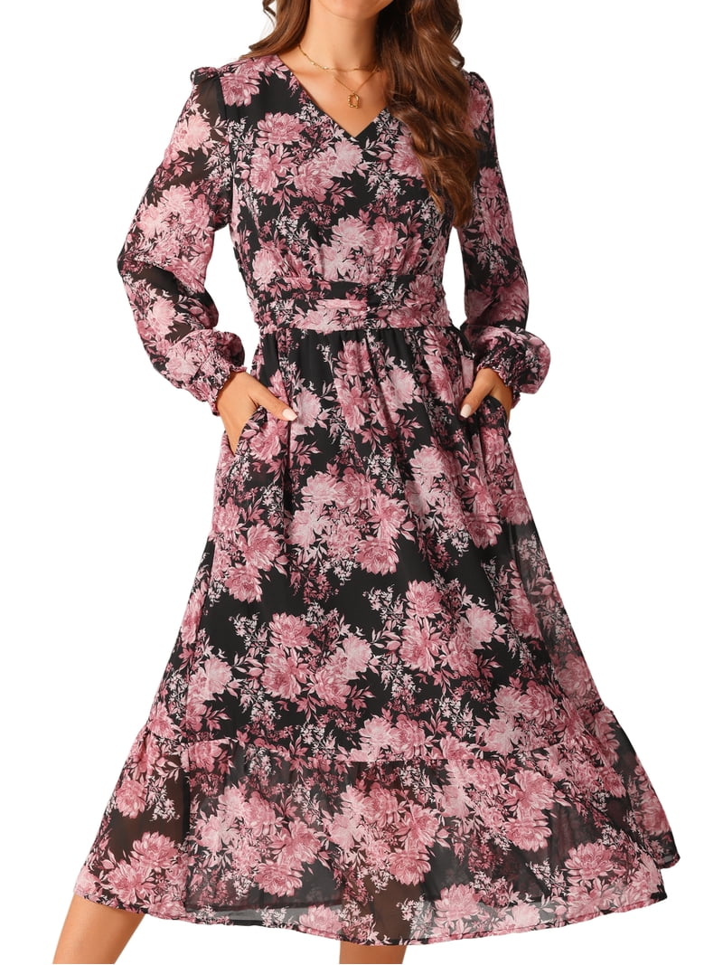 Daring Diva Long Sleeve Floral V Neck Boho Chiffon Midi Dress M Black, Women's, Size: Medium, Brown